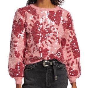 FARM Rio Pink and Red Sequin Floral Crewneck Sweater